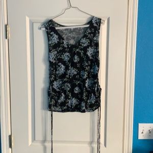 Blue and black floral pattern tank top with ties
